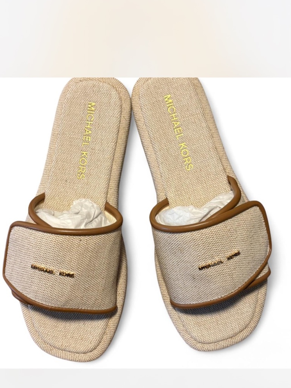 Michael Kors Beige Canvas Slide Sandals with Tan Trim